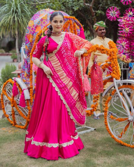 Bhagya Pink Solid Satin Lehenga Set